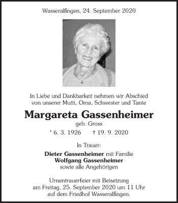 Traueranzeige von Margareta Gassenheimer von Schwäbische Post