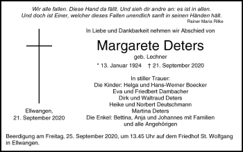 Traueranzeige von Margarete Deters von Schwäbische Post