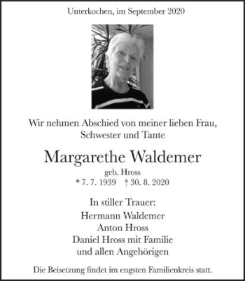 Traueranzeige von Margarethe Waldemer von Schwäbische Post