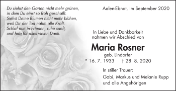 Traueranzeige von Maria Rosner von Schwäbische Post