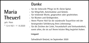 Traueranzeige von Maria Theuerl von Gmünder Tagespost