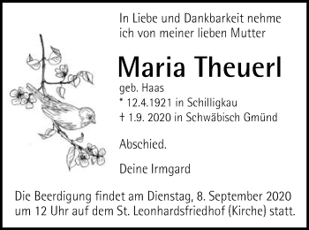 Traueranzeige von Maria Theuerl von Gmünder Tagespost