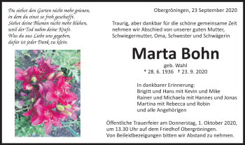 Traueranzeige von Marta Bohn von Gmünder Tagespost