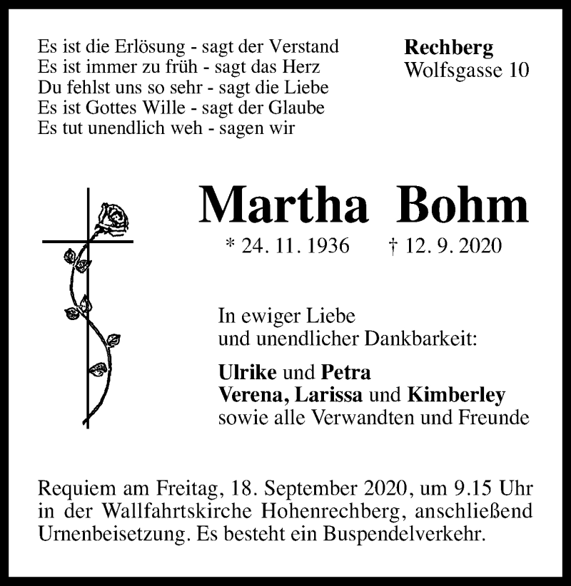  Traueranzeige für Martha Bohm vom 15.09.2020 aus Gmünder Tagespost