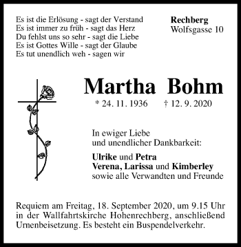 Traueranzeige von Martha Bohm von Gmünder Tagespost