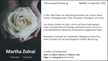 Traueranzeige von Martha Zolnai von Gmünder Tagespost