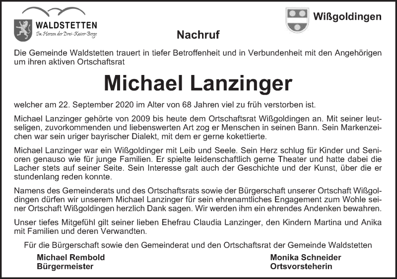  Traueranzeige für Michael Lanzinger vom 26.09.2020 aus Gmünder Tagespost