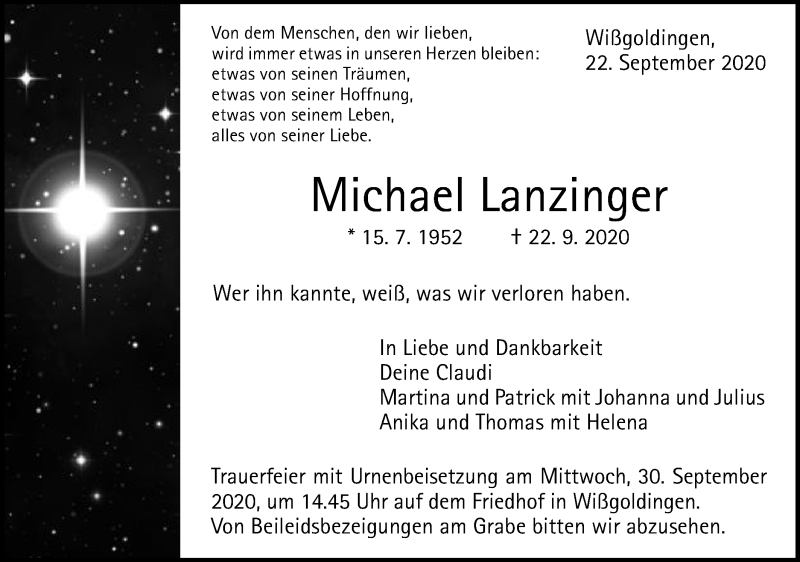  Traueranzeige für Michael Lanzinger vom 26.09.2020 aus Gmünder Tagespost