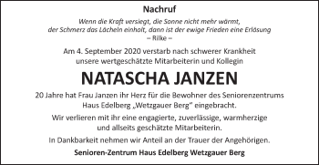 Traueranzeige von Natascha Janzen von Gmünder Tagespost