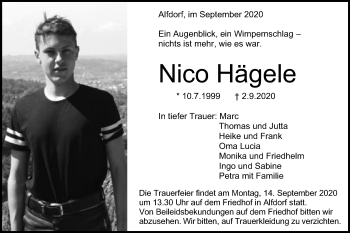 Traueranzeige von Nico Hägele von Gmünder Tagespost