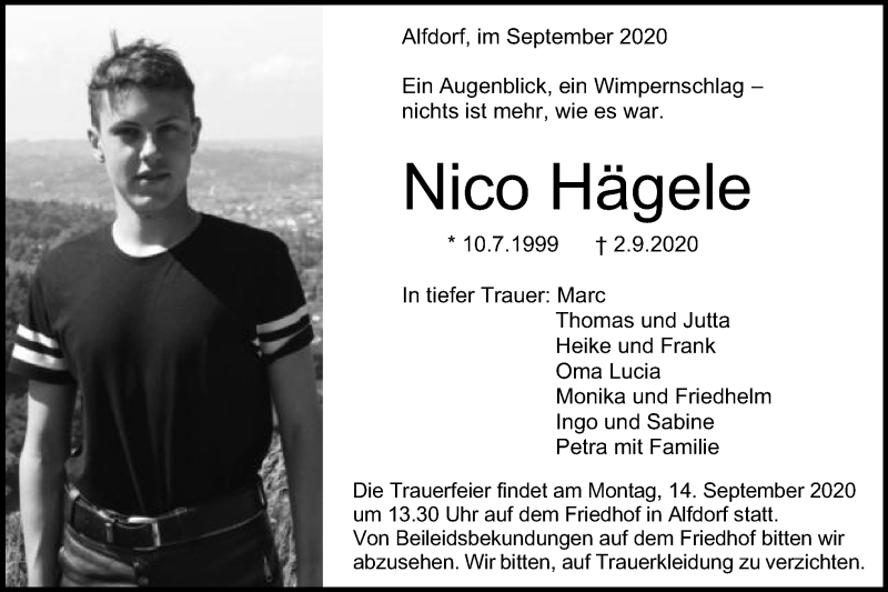  Traueranzeige für Nico Hägele vom 10.09.2020 aus Gmünder Tagespost