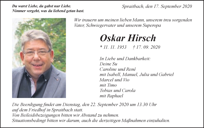  Traueranzeige für Oskar Hirsch  vom 19.09.2020 aus Gmünder Tagespost