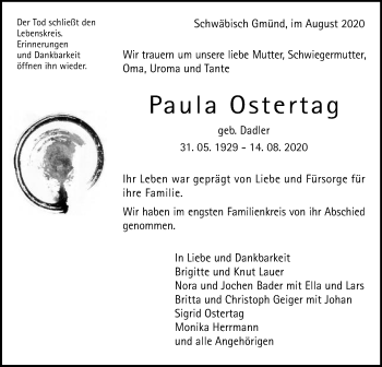 Traueranzeige von Paula Ostertag von Gmünder Tagespost