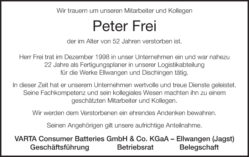  Traueranzeige für Peter Frei vom 04.09.2020 aus Schwäbische Post