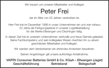 Traueranzeige von Peter Frei von Schwäbische Post