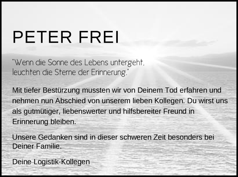  Traueranzeige für Peter Frei vom 05.09.2020 aus Schwäbische Post