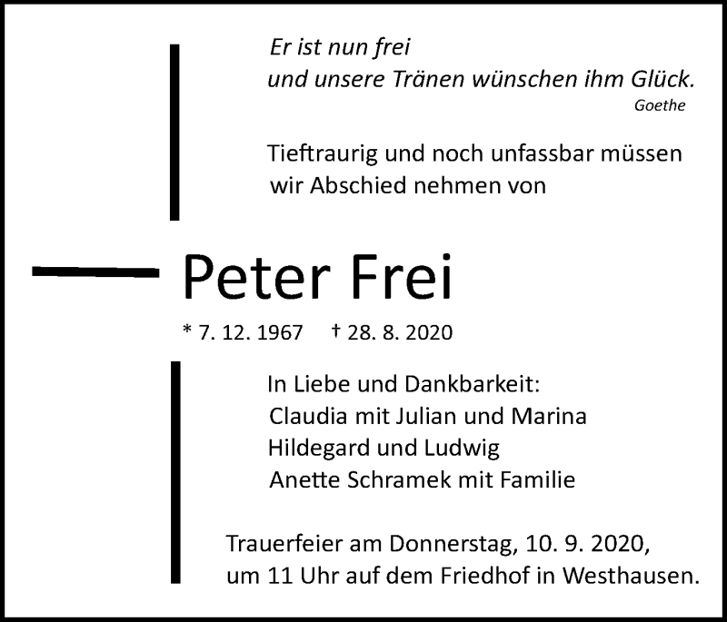  Traueranzeige für Peter Frei vom 03.09.2020 aus Schwäbische Post