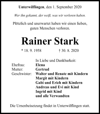 Traueranzeige von Rainer Stark von Schwäbische Post