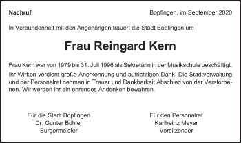 Traueranzeige von Reingard Kern von Bopfinger Stadtanzeiger