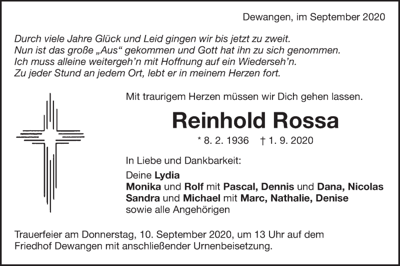 Traueranzeige für Reinhold Rossa vom 07.09.2020 aus Schwäbische Post