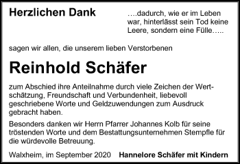 Traueranzeige von Reinhold Schäfer von Schwäbische Post