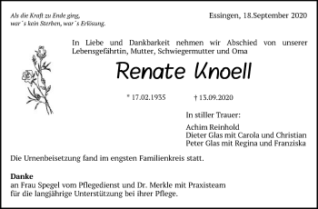 Traueranzeige von Renate Knoell von Schwäbische Post