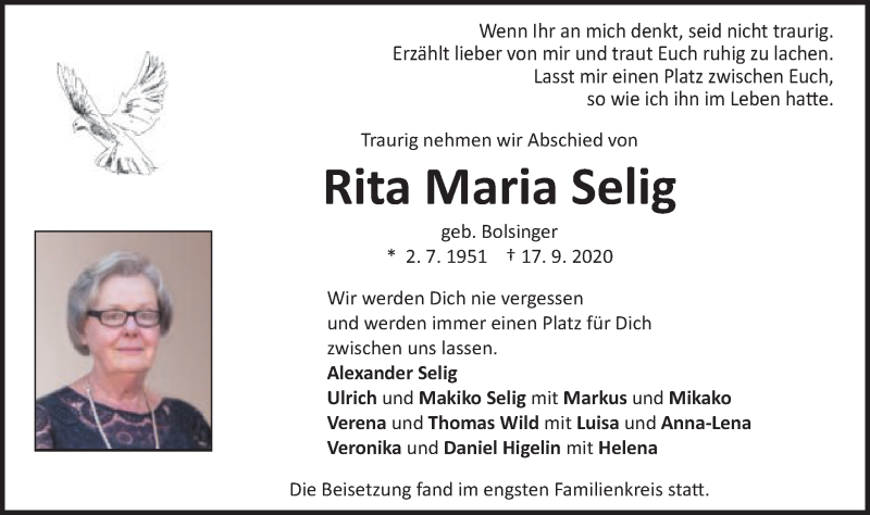 Traueranzeige für Rita Maria Selig vom 26.09.2020 aus Schwäbische Post