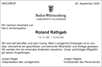 Traueranzeige von Roland Rathgeb von Schwäbische Post