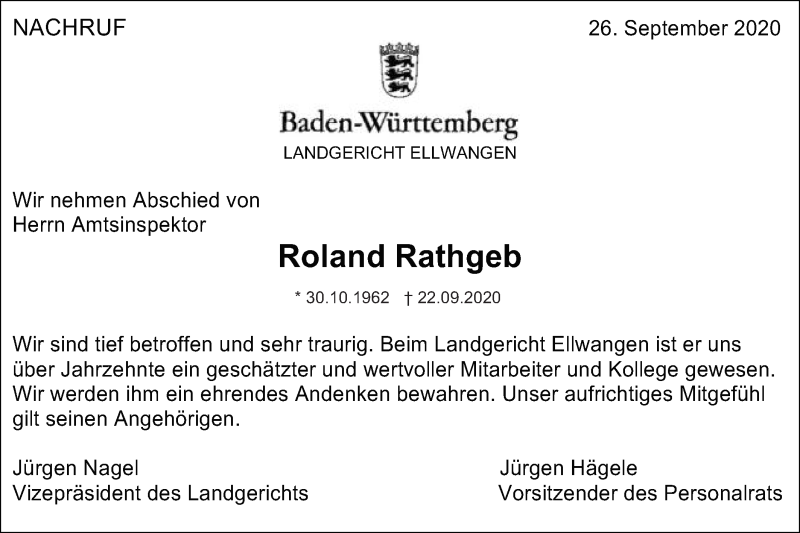  Traueranzeige für Roland Rathgeb vom 26.09.2020 aus Schwäbische Post