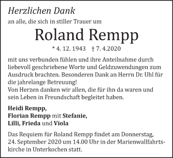 Traueranzeige von Roland Rempp von Schwäbische Post