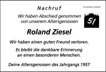 Traueranzeige von Roland Ziesel von Gmünder Tagespost