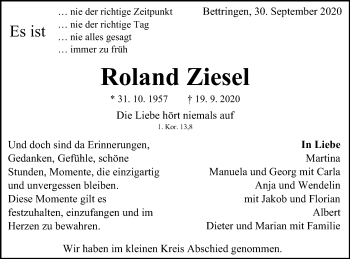 Traueranzeige von Roland Ziesel von Gmünder Tagespost