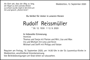 Traueranzeige von Rudolf Reissmüller von Gmünder Tagespost