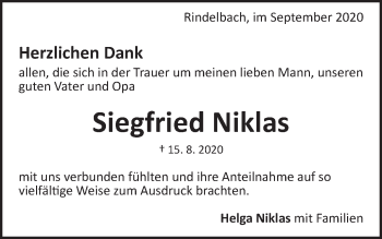 Traueranzeige von Siegfried Niklas von Schwäbische Post
