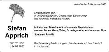 Traueranzeige von Stefan Apprich von Schwäbische Post