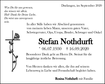 Traueranzeige von Stefan Nothdurft von Gmünder Tagespost