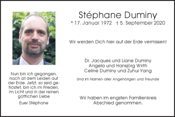 Traueranzeige von Stephane Duminy von Gmünder Tagespost