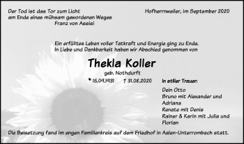 Traueranzeige von Thekla Koller von Schwäbische Post