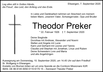 Traueranzeige von Theodor Preker von Schwäbische Post