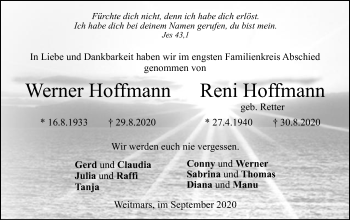 Traueranzeige von Werner und Reni Hoffmann von Gmünder Tagespost
