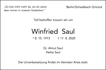 Traueranzeige von Winfried Saul von Gmünder Tagespost