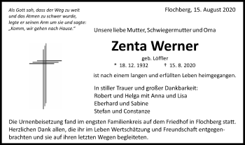 Traueranzeige von Zenta Werner von Schwäbische Post