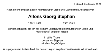 Traueranzeige von Alfons Georg Stephan von Gmünder Tagespost
