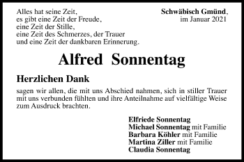 Traueranzeige von Alfred Sonnentag von Gmünder Tagespost