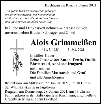 Traueranzeige von Alois Grimmeißen von Schwäbische Post