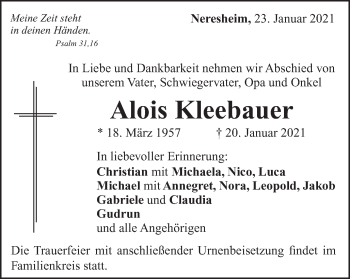 Traueranzeige von Alois Kleebauer von Schwäbische Post