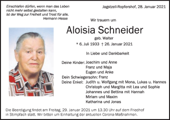 Traueranzeige von Aloisia Schneider von Schwäbische Post