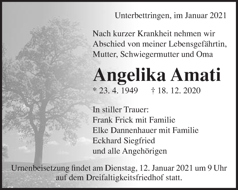  Traueranzeige für Angelika Amati vom 09.01.2021 aus Gmünder Tagespost