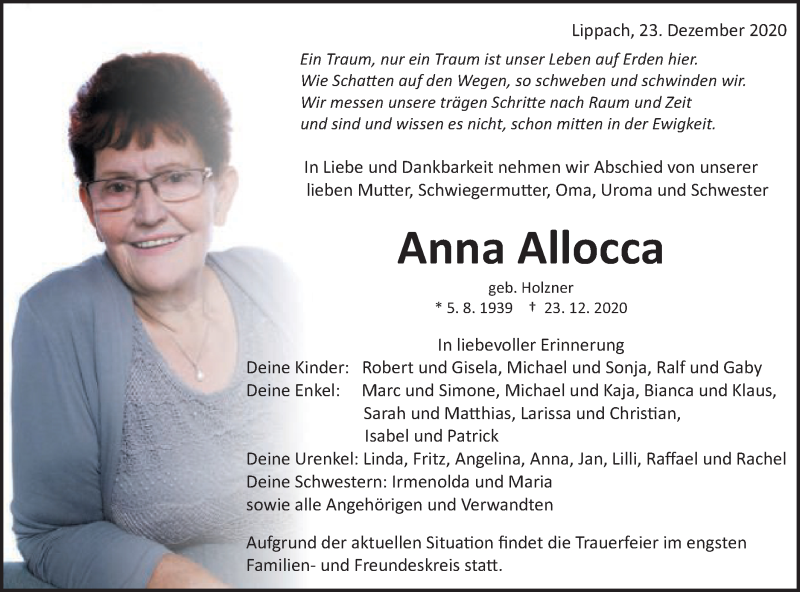  Traueranzeige für Anna Allocca vom 07.01.2021 aus Schwäbische Post