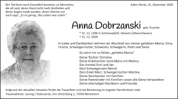 Traueranzeige von Anna Dobrzanski von Schwäbische Post
